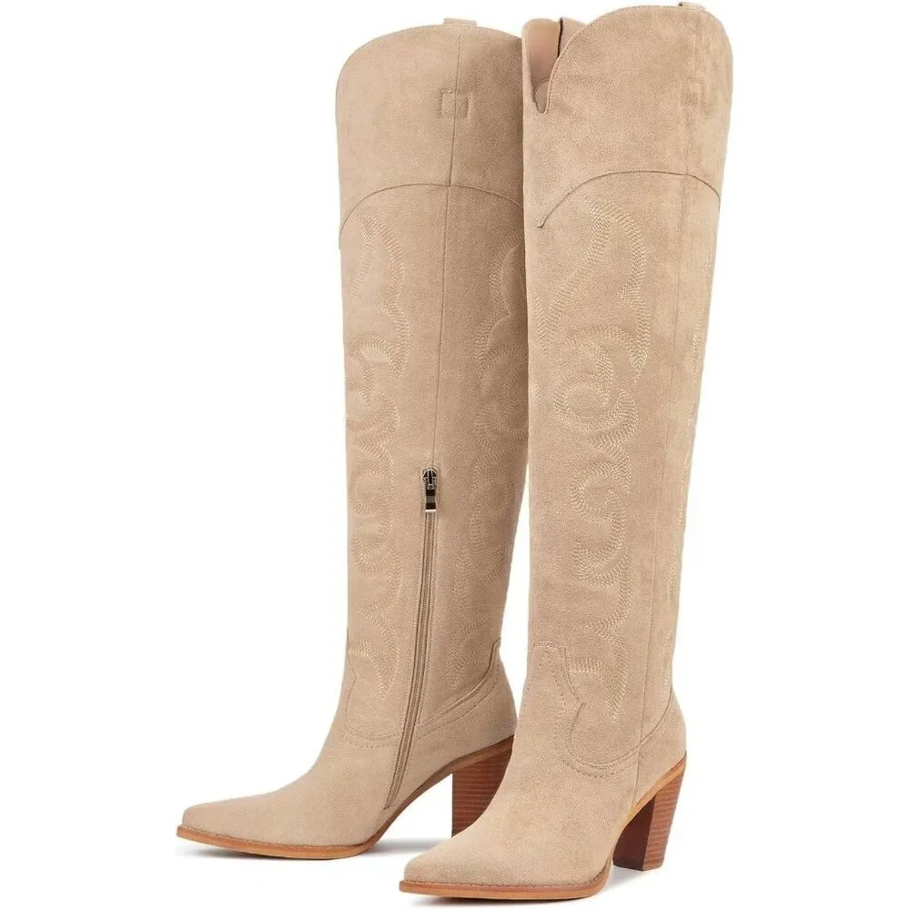 Women Over Knee Apricot Faux Leather Pull On Tab Chunky Heel Pointed Toe Boots